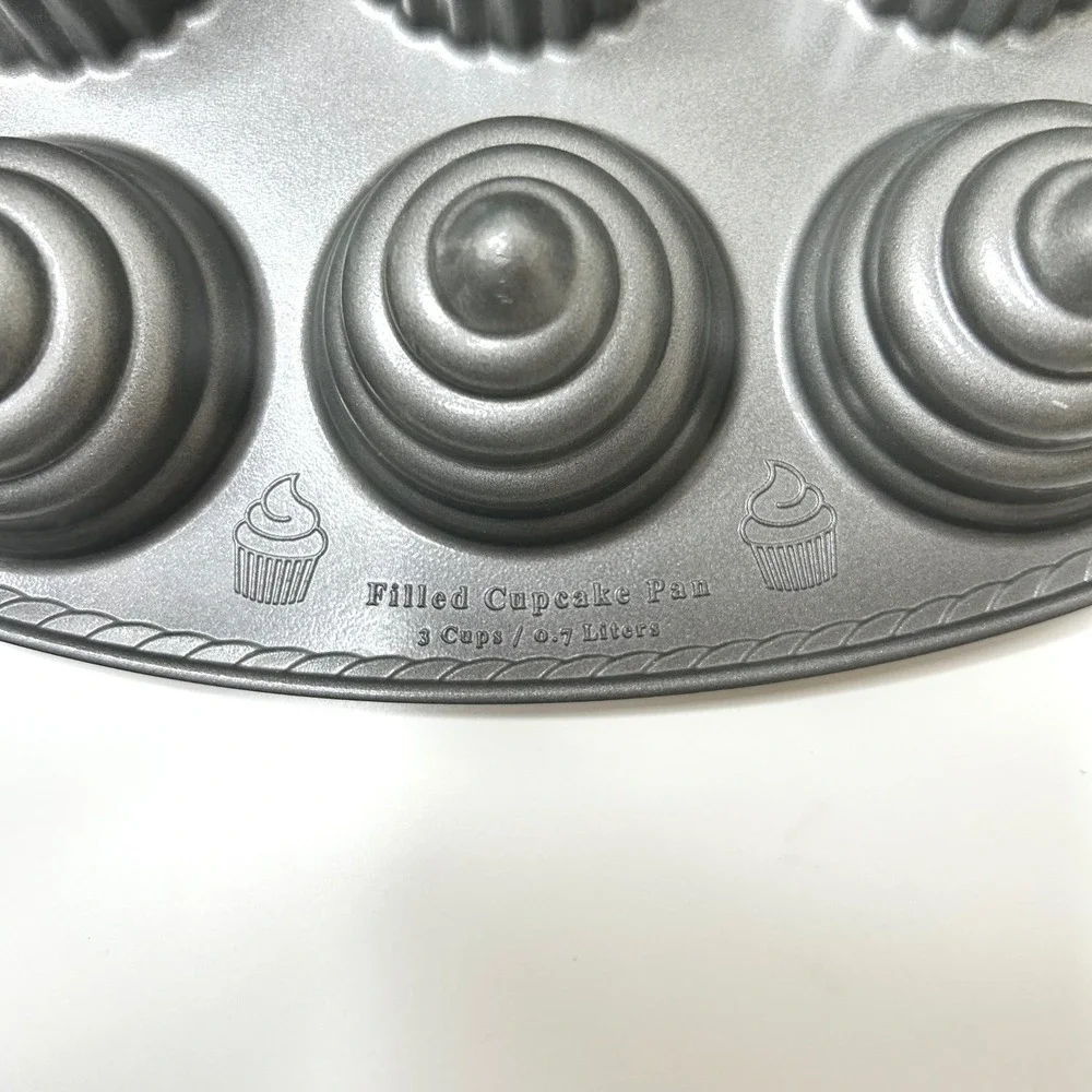 Nordic Ware Filled Cupcake Pan Silver Cast Aluminum 12 Cavity Non-Stick USA Made